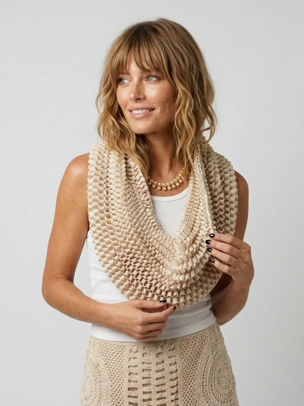 Scarf Artisan Knit Ribbon Textured DRAMATIC Ruffle Infinity Scarf